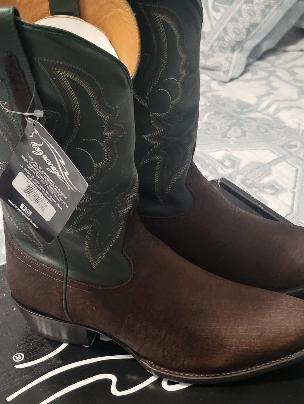 Lagrage Leather Hippo Men's  Cowboy Boots with Green Shaft Accents. - Picture 7 of 12